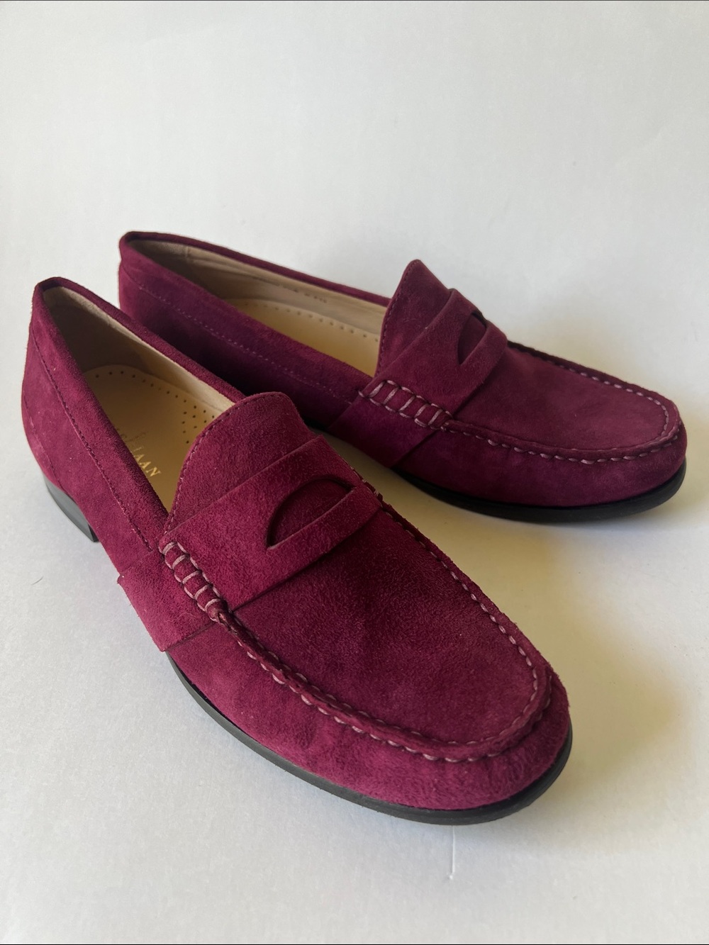 Cole Haan women Laurel Moc Winery Suede Penny Loafers Burgundy New 7.5
